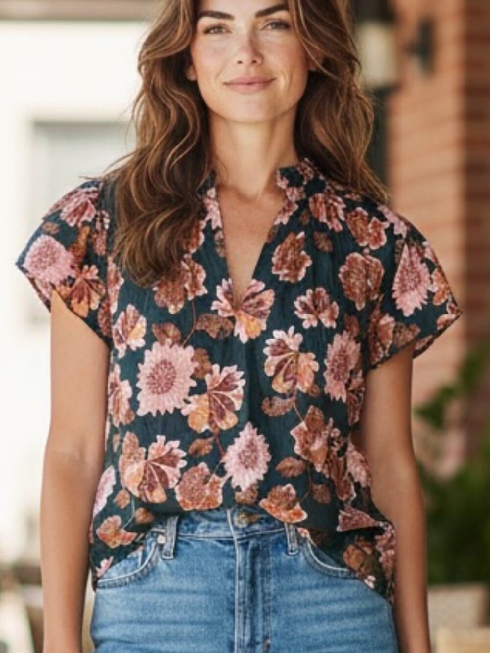 Birds of Paradis by Trovata Lily Carnation Print Blouse Navy Pink